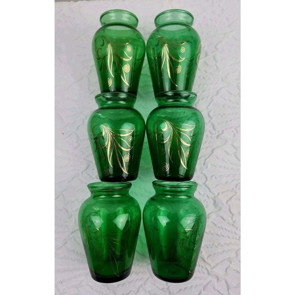 Vintage Anchor Hocking Emerald Green Glass Bud Vase Gold Accents 3.75